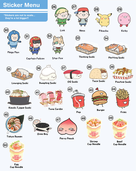 A sticker menu sheet featuring numbered cartoon character and food stickers on a white background, with a blue header that reads 'Sticker Menu' and notes that stickers are not to scale.
