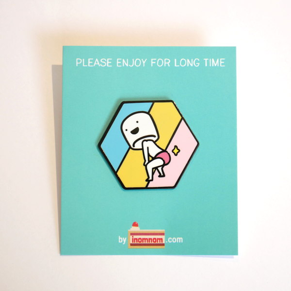 Booty boy marshmallow enamel pin package