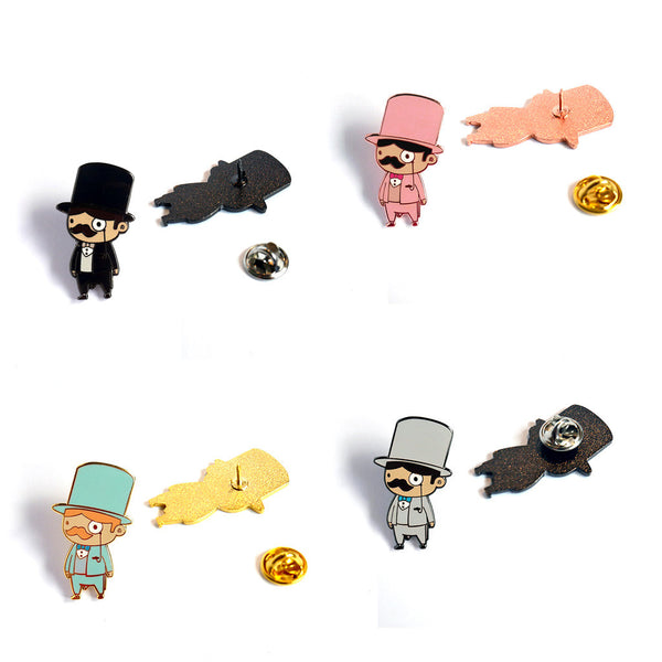 Humphrey Black Blue Grey Pink gentlemen enamel pin backing