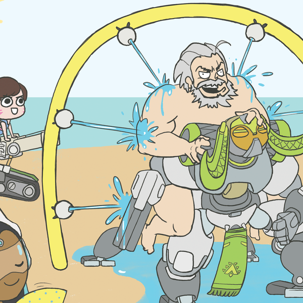 Overwatch summer games carwash art print reinhardt orisa close up