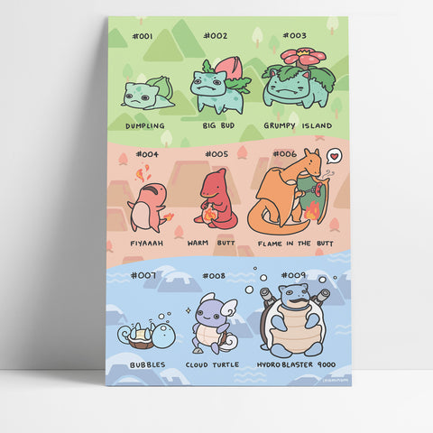 Gen I Starter Pokemon Big Print (12"x18")