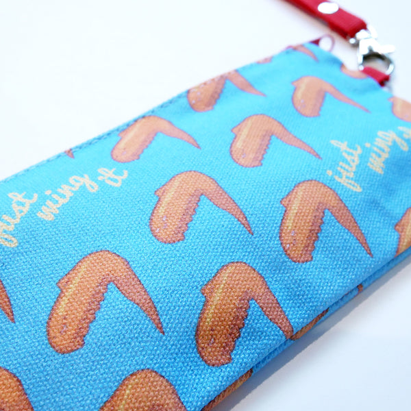 Just Wing It chicken wing canvas pencil case pouch close up